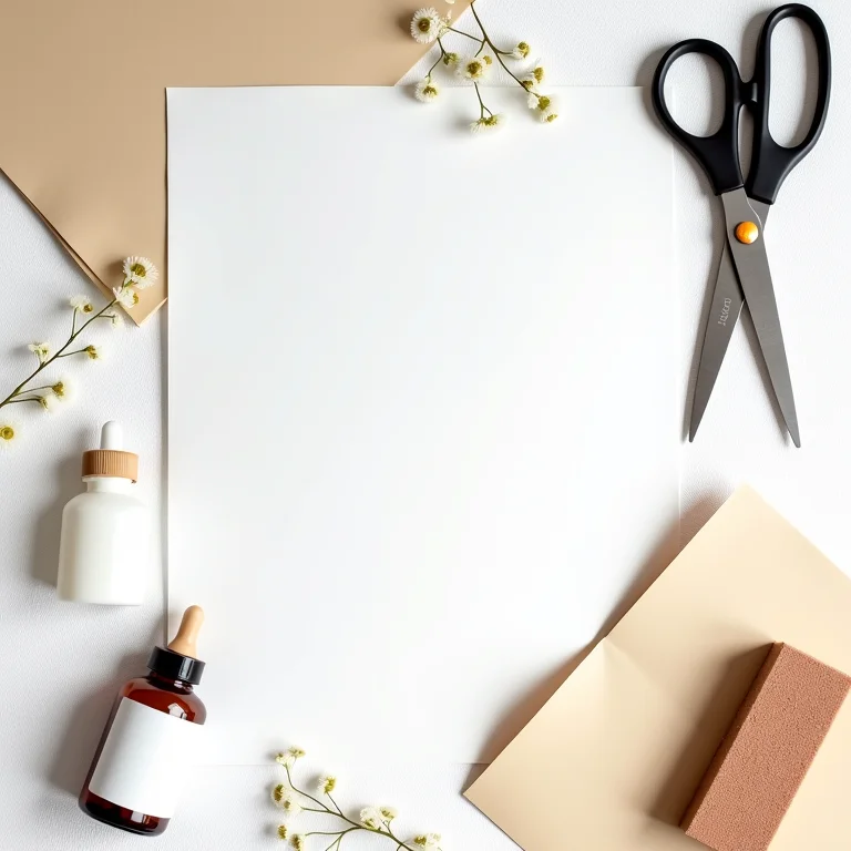 Ferramentas e materiais para decoupage, incluindo tesoura, cola, verniz, papel e bloco de lixa sobre fundo branco texturizado.