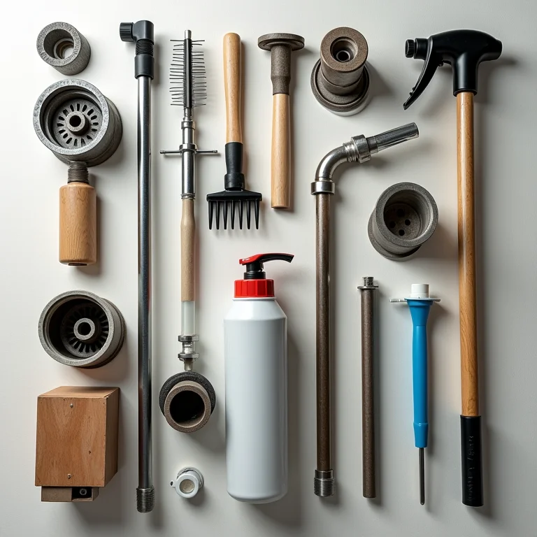 Ferramentas e produtos para limpeza regular de ralos.