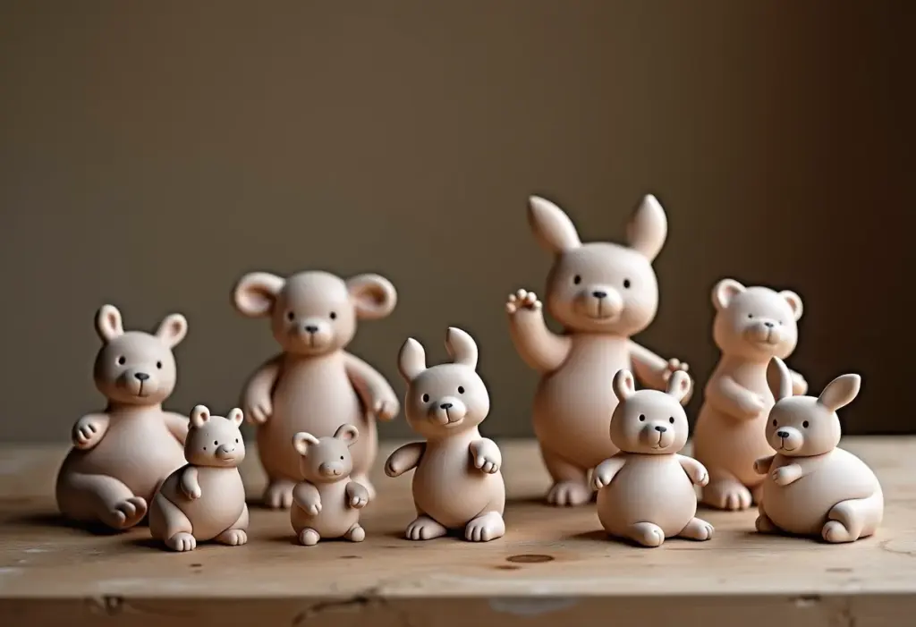 Figuras de biscuit artesanais em mesa de madeira rústica