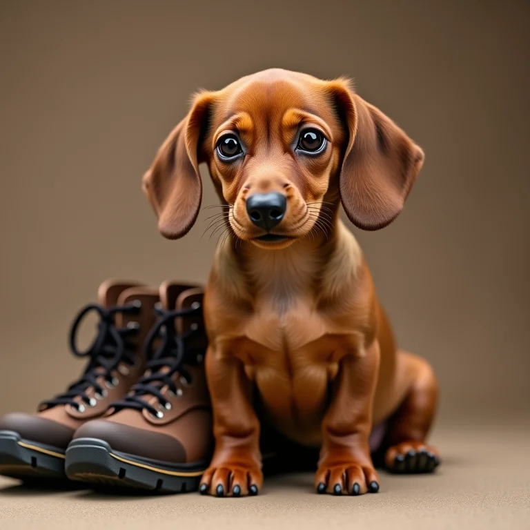 Filhote de Dachshund (Salsicha) com olhar aventureiro ao lado de botas de trilha