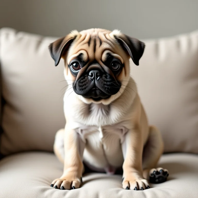 Filhote de Pug charmoso sentado em um sofá