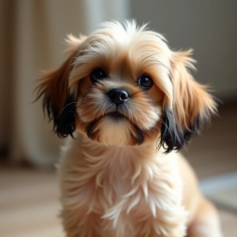 Filhote de Shih Tzu com pelo longo e sedoso olhando para a câmera