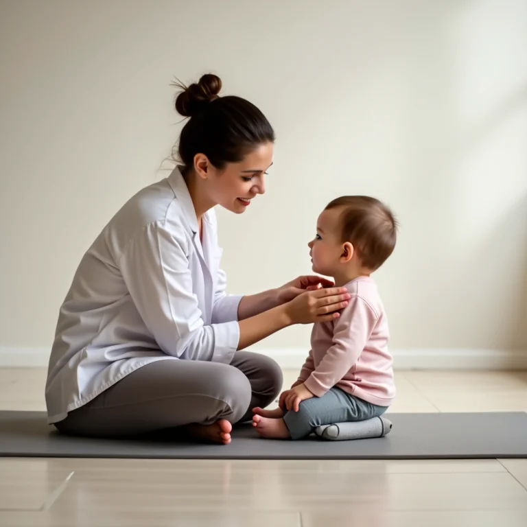 Fisioterapeuta dando dicas para bebê sentar