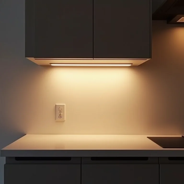 Fitas de LED instaladas sob um balcão de cozinha, criando iluminação ambiente moderna