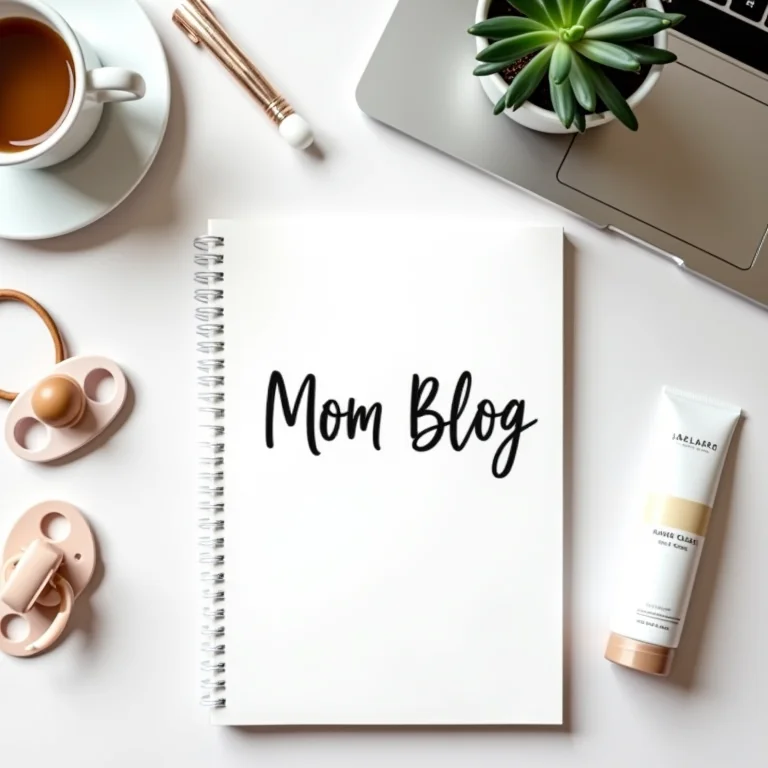 Flat lay com itens de maternidade e escritório, simbolizando um blog de maternidade