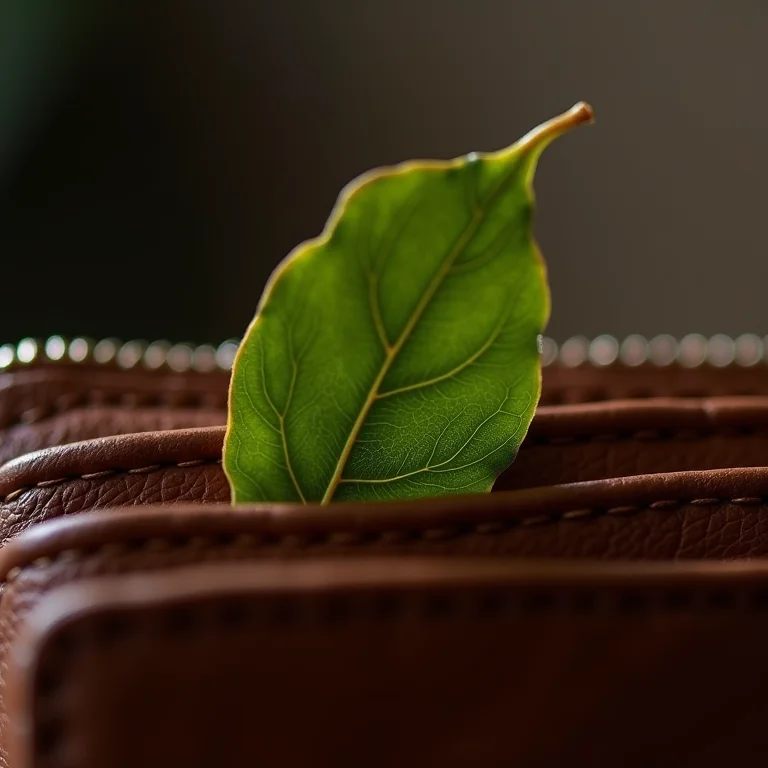 Folha de louro dentro de uma carteira de couro