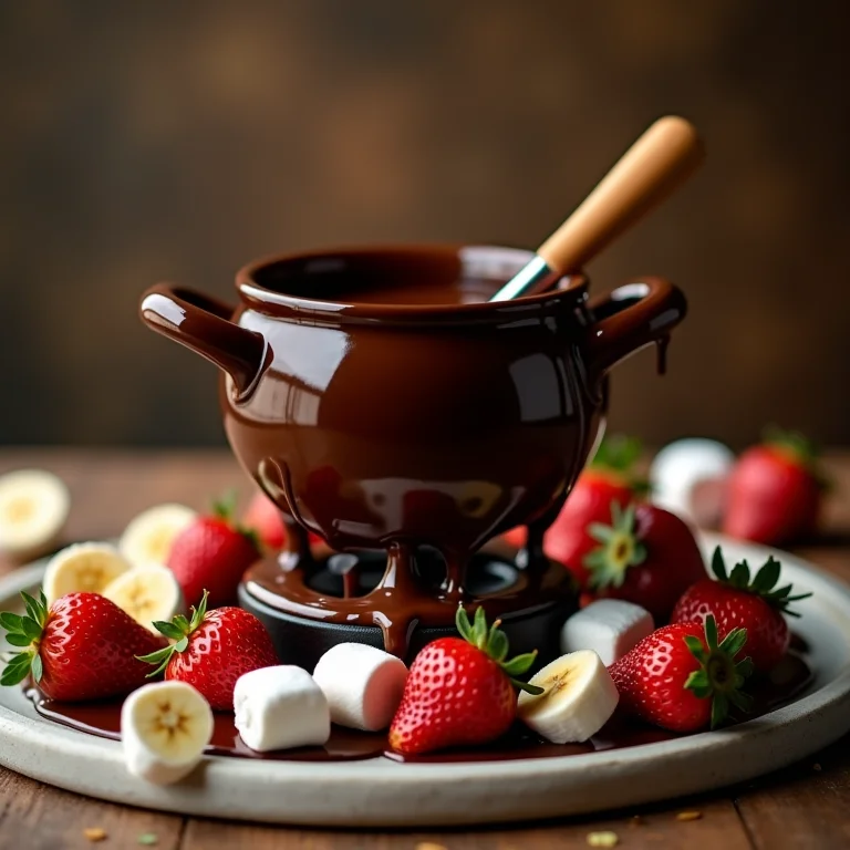 Fondue de chocolate com morangos, marshmallows e bananas.