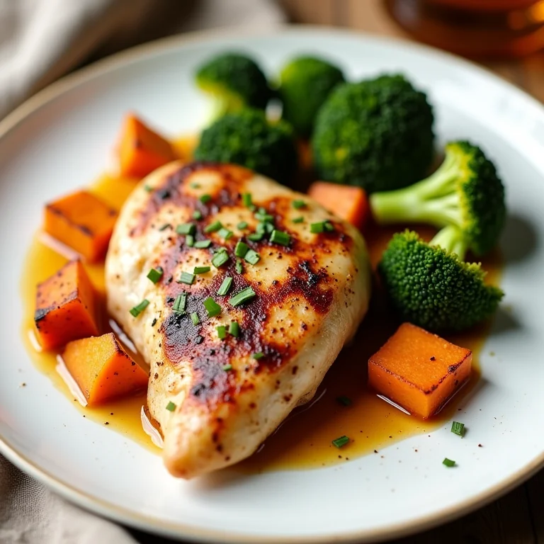 Frango grelhado com batata doce e brócolis