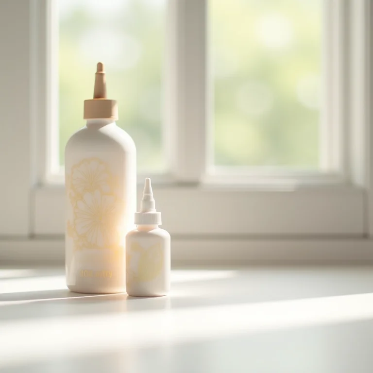 Frasco de cola para decoupage ao lado de um projeto finalizado.