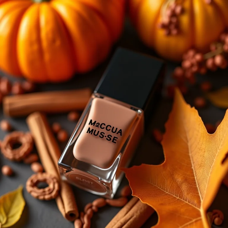 Frasco de esmalte cor mocha mousse cercado por elementos outonais em estilo flat lay