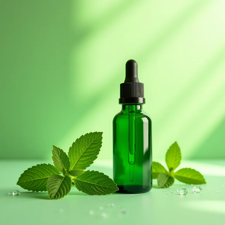 Frasco de óleo essencial de hortelã-pimenta com folhas frescas