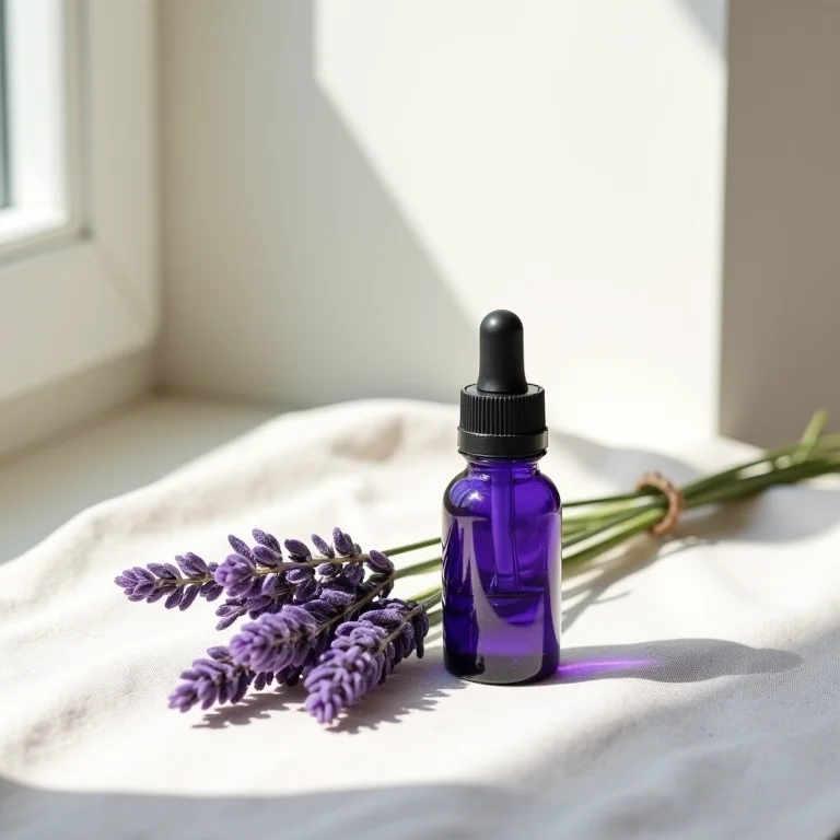 Frasco de óleo essencial de lavanda com raminhos frescos