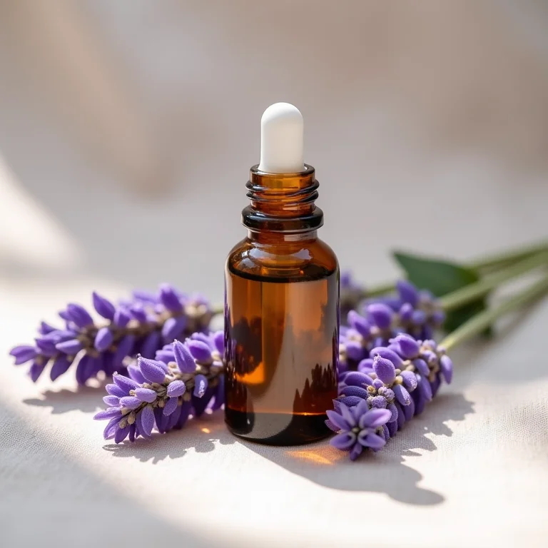 Frasco de óleo essencial de lavanda com ramos de lavanda ao redor