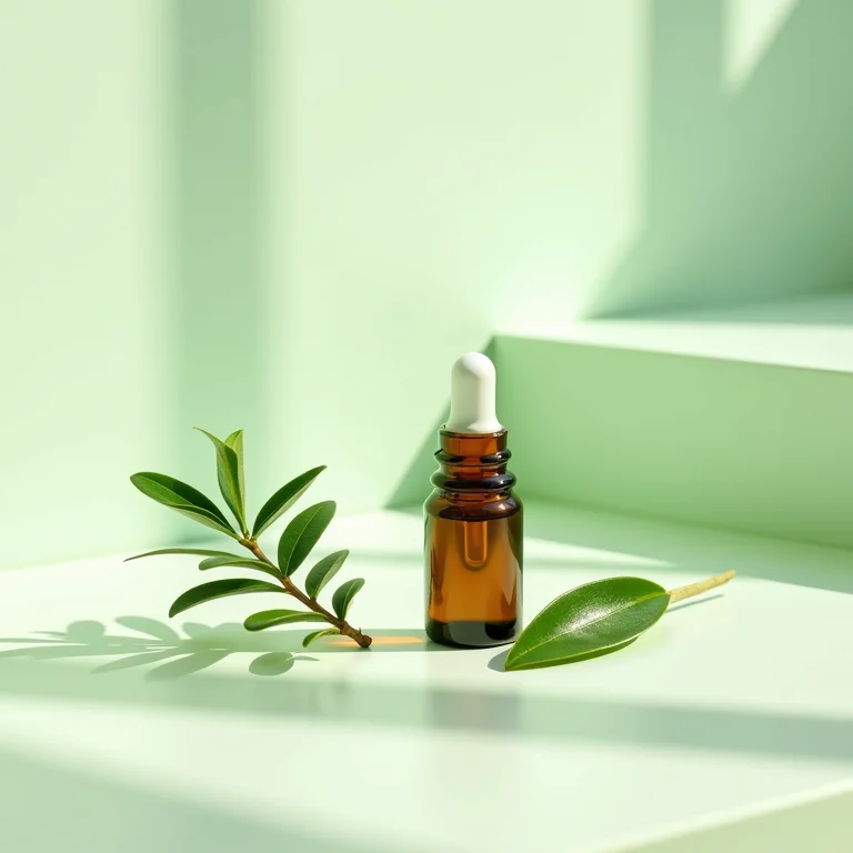 Frasco de óleo essencial de melaleuca (tea tree) com folhas