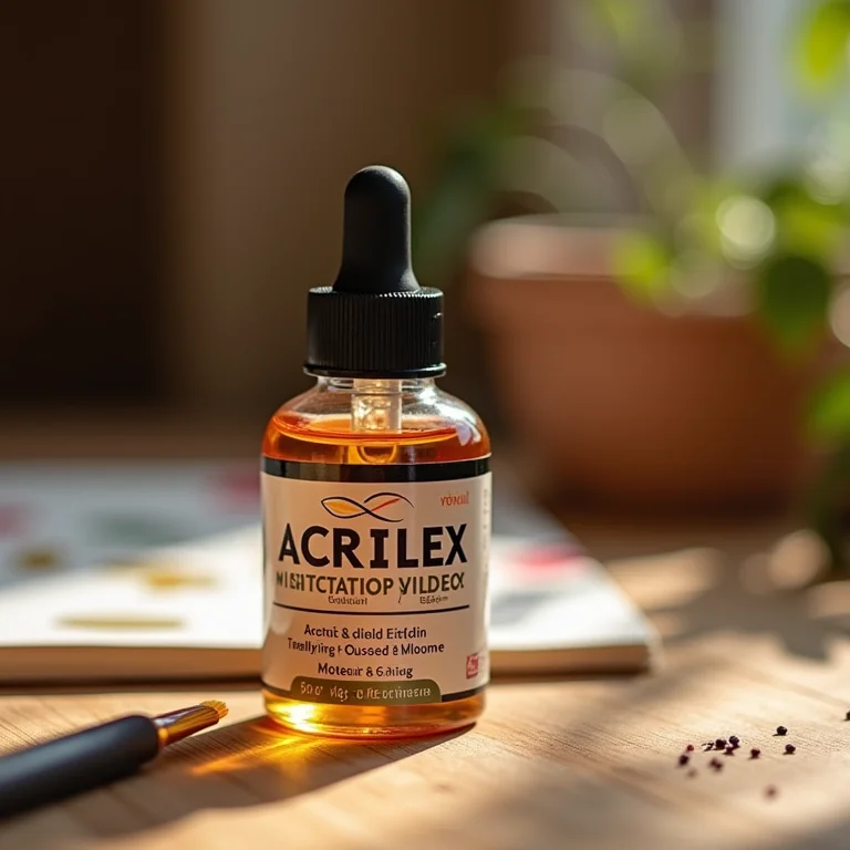 Frasco de verniz acrílico Acrilex ao lado de um projeto artesanal finalizado