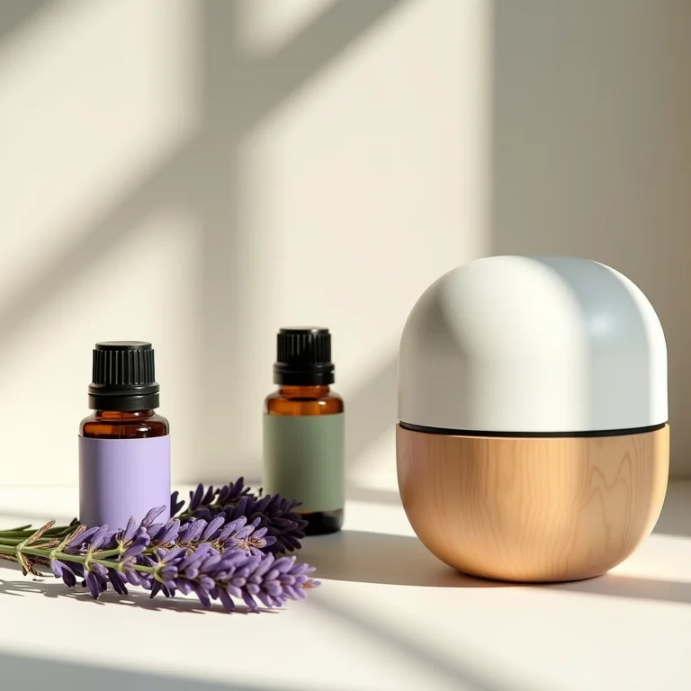 Frascos de óleos essenciais e um difusor.