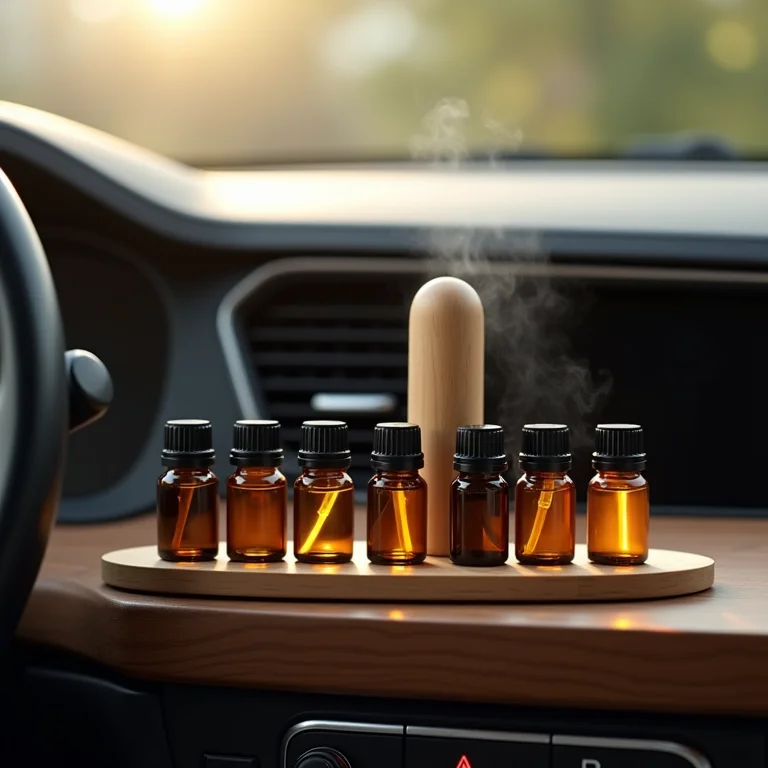 Frascos de óleos essenciais em cima do painel de madeira de um carro