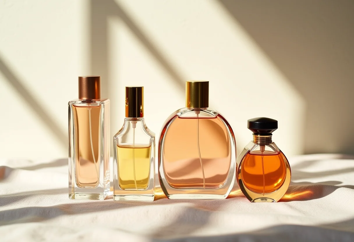 Frascos de perfume variados em composição minimalista.
