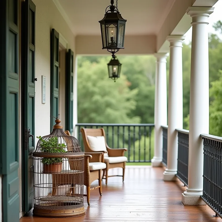 Gaiolas decorativas vintage em uma varanda charmosa e convidativa.