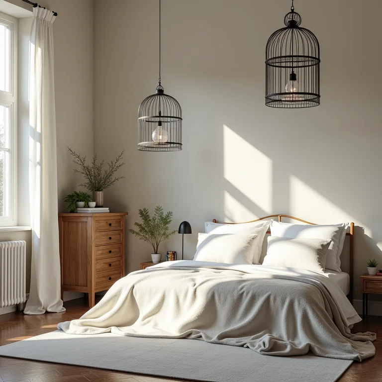 Gaiolas vintage como detalhes decorativos em um quarto com charme e personalidade.