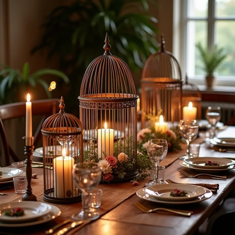 Gaiolas vintage decoradas com flores e velas como centros de mesa rústicos e elegantes.