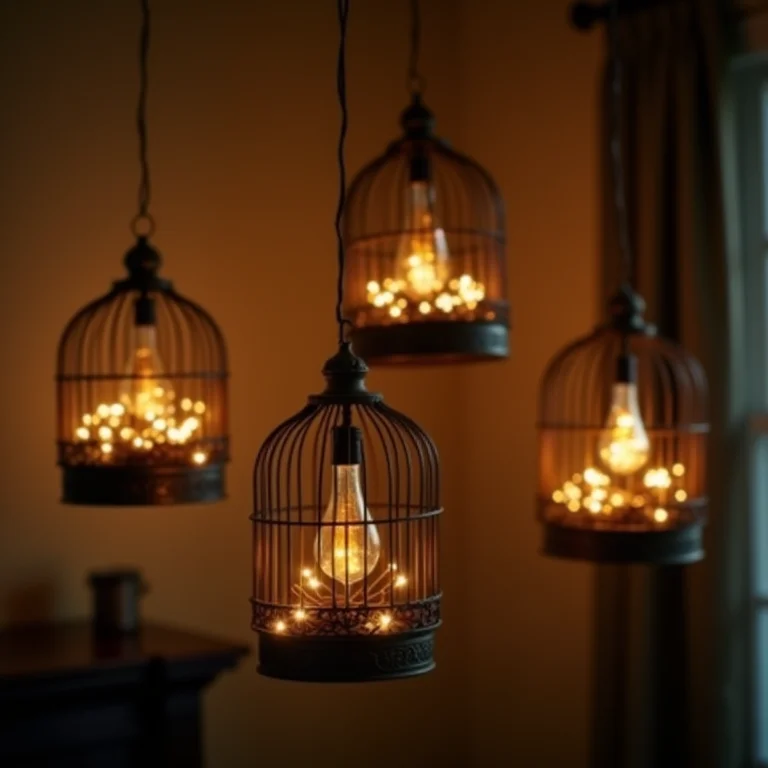 Gaiolas vintage penduradas no teto, iluminadas com luzes de fadas, criando uma atmosfera mágica.