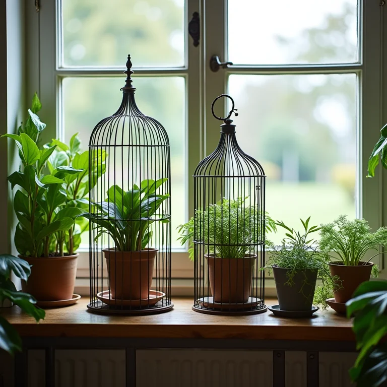 Gaiolas vintage preenchidas com plantas, adicionando verde e beleza natural ao ambiente.