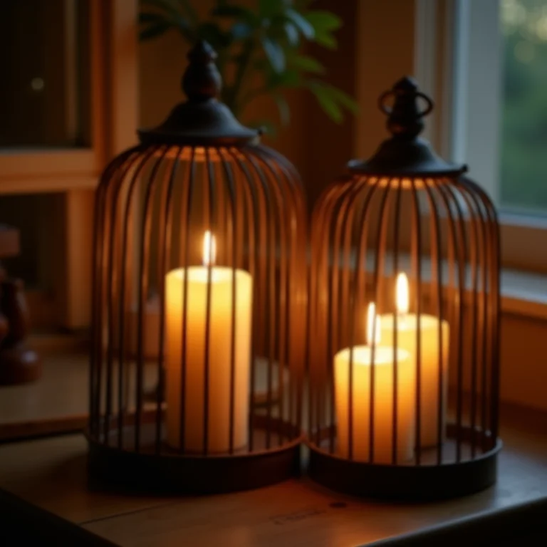 Gaiolas vintage usadas como porta-velas, criando um ambiente acolhedor e romântico.