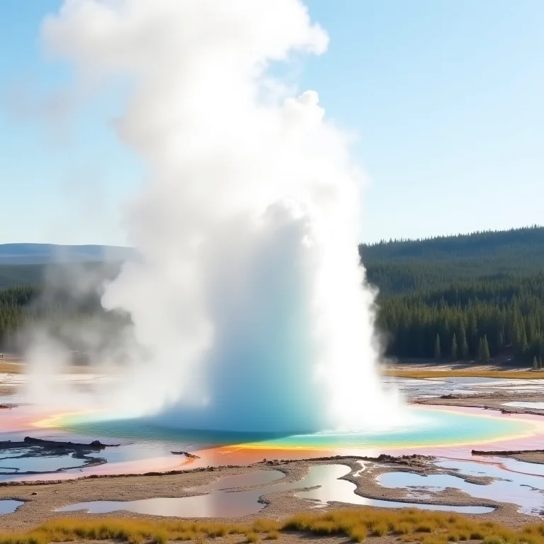 Gêiser majestoso em erupção no Parque Nacional de Yellowstone.