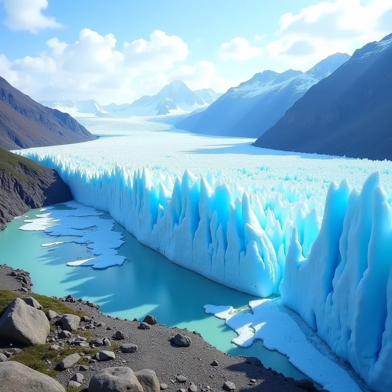 Geleira Athabasca, Canadá, com as Montanhas Rochosas Canadenses ao fundo, gelo azul e terreno rochoso