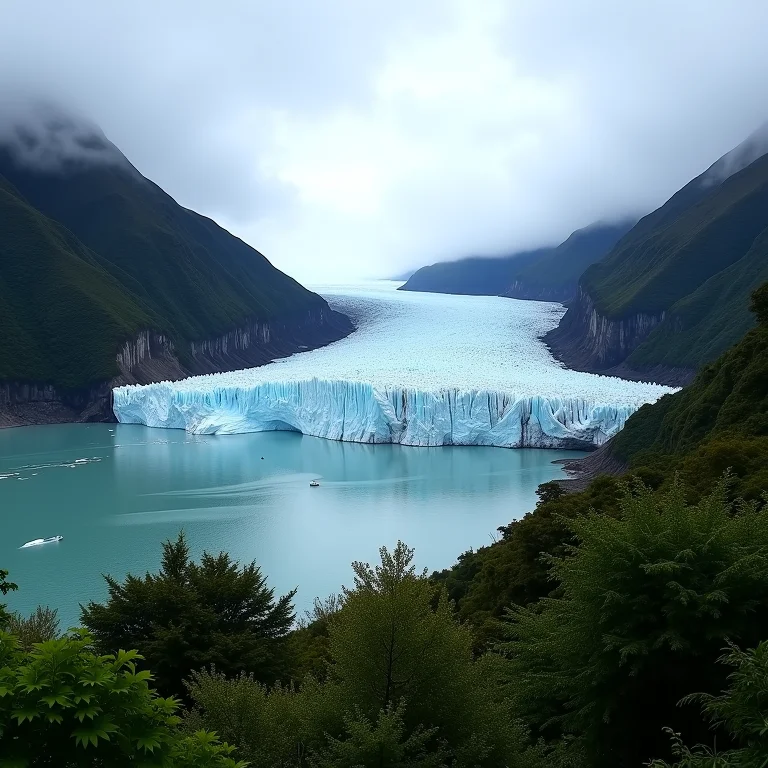 Geleira Fox, Nova Zelândia, com floresta tropical exuberante em primeiro plano, formações de gelo e vegetação verde