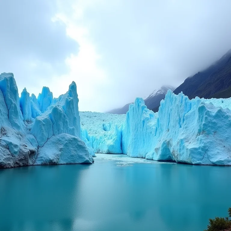 Geleira imponente no Parque Nacional Los Glaciares, Argentina, com formações de gelo irregulares e lago glacial turquesa