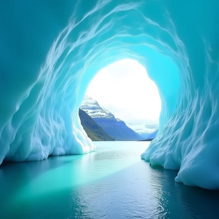 Geleira Mendenhall, Alasca, com cavernas de gelo, água turquesa e montanhas ao fundo