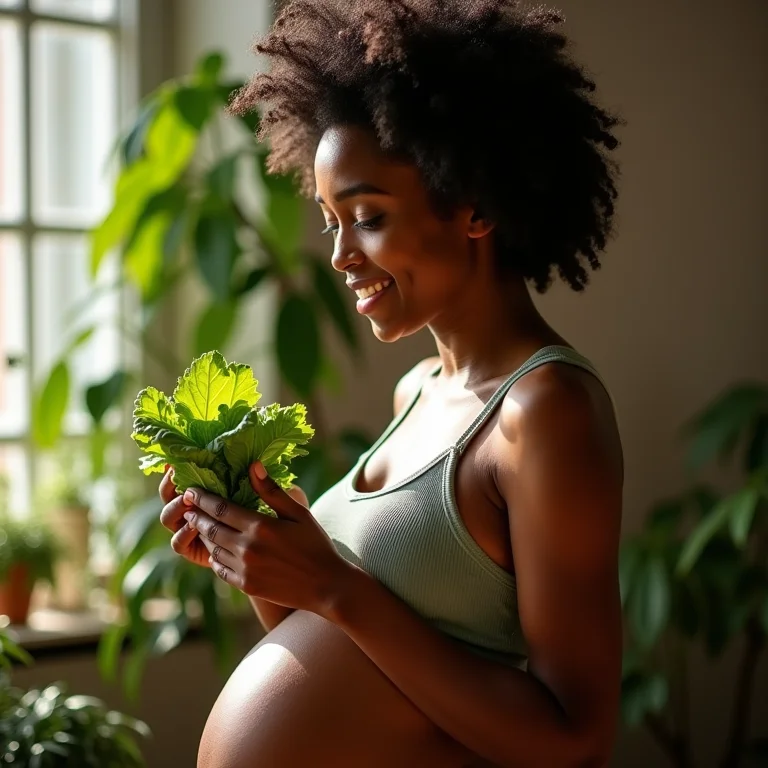 Gestante negra comendo salada verde