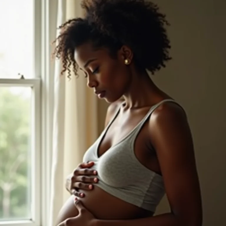 Gestante preocupada com a mão na barriga