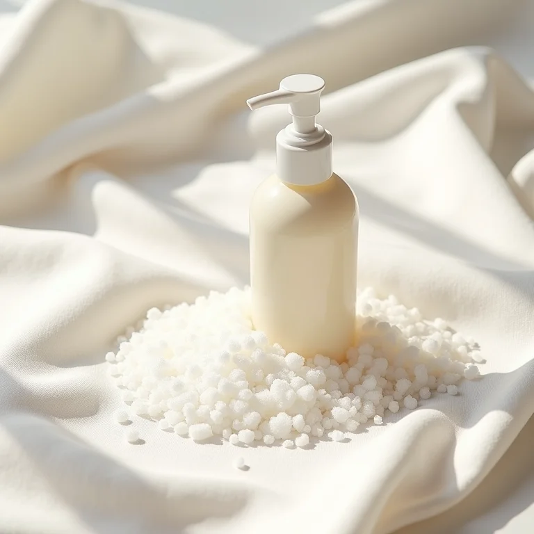 Granulos de açúcar e loção corporal hidratante sobre tecido de linho