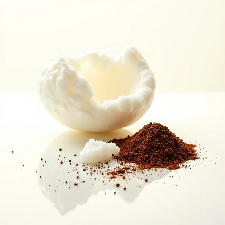 Grãos de café e óleo de coco em composição minimalista