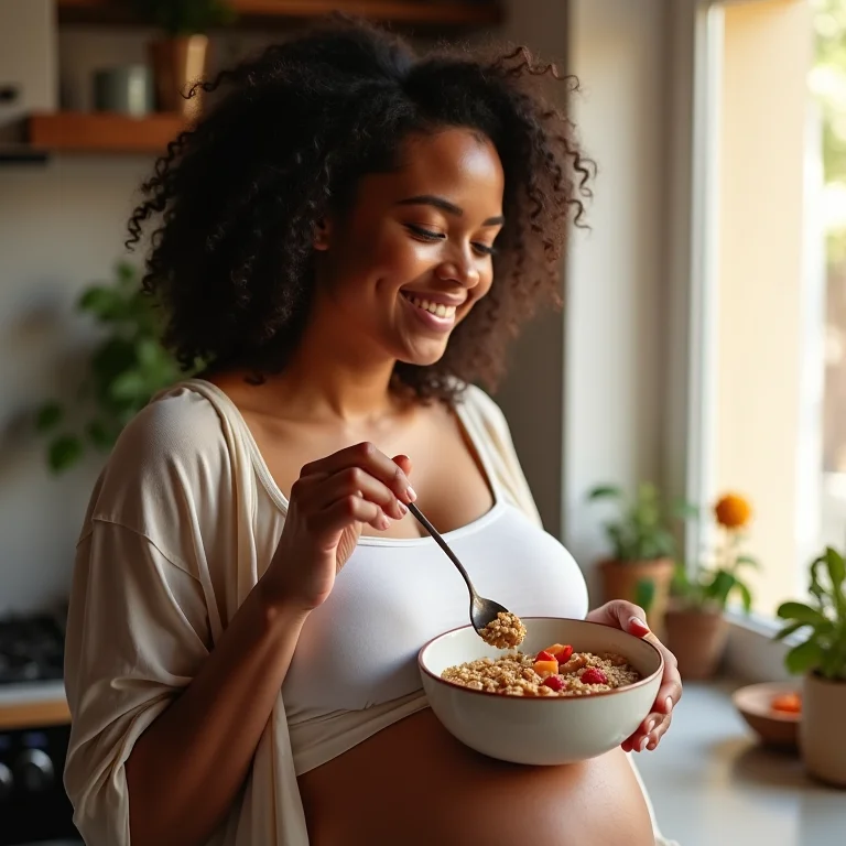 Grávida comendo aveia com frutas