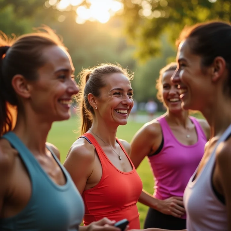 Grupo de amigas rindo e conversando após um treino de corrida