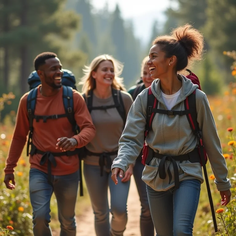 Grupo de amigos diversos fazendo trilha juntos