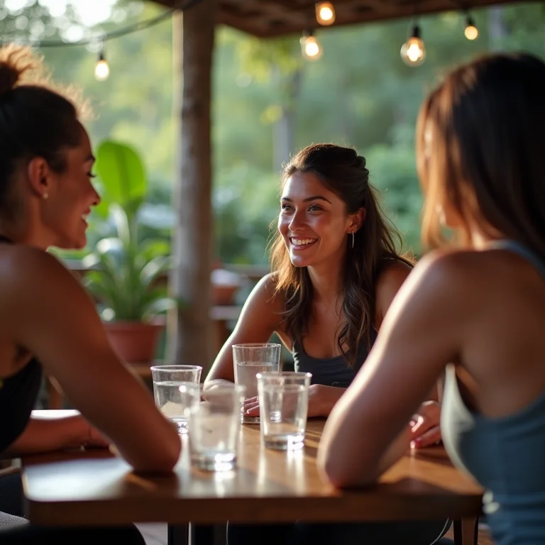 Grupo de mulheres compartilhando dicas e histórias após a corrida em um café
