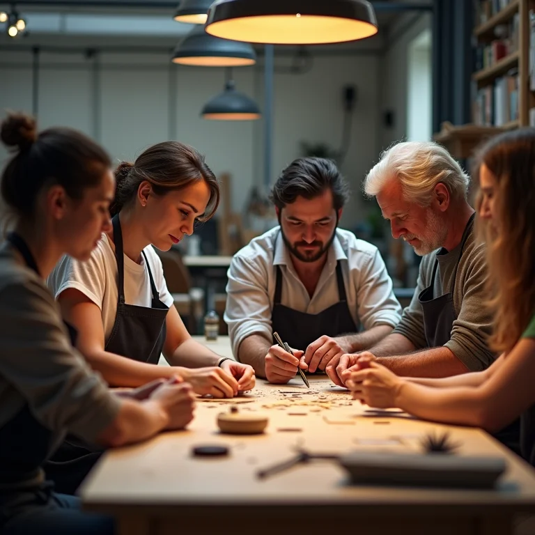 Grupo diversificado de artesãos discutindo adaptação a novas demandas do mercado.