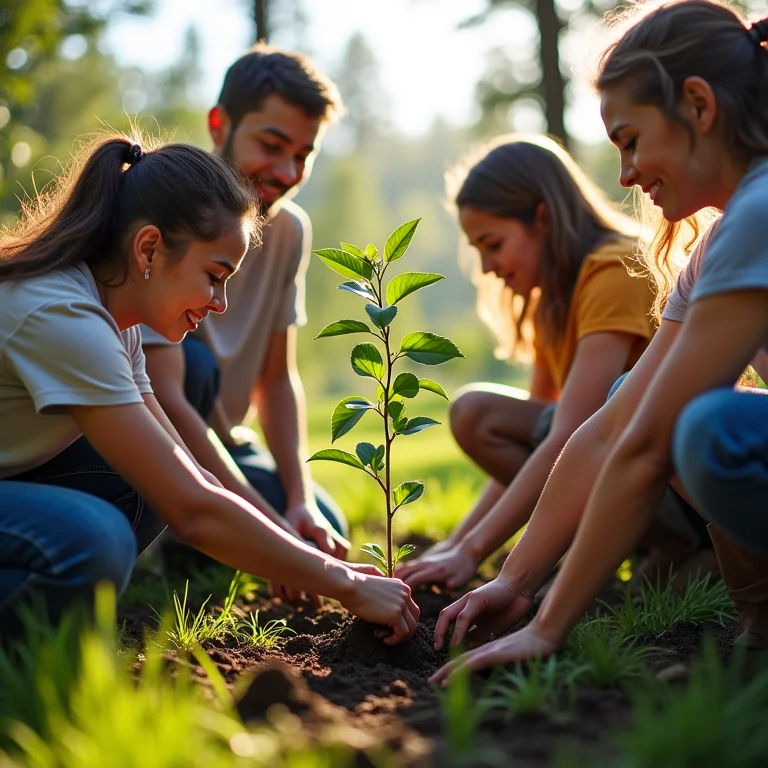 Grupo diversificado plantando árvores em ação social.