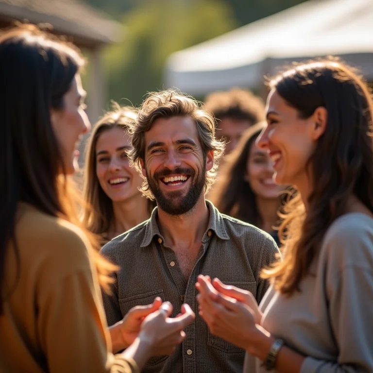 Grupo diverso de artesãos sorrindo e interagindo em feira de artesanato