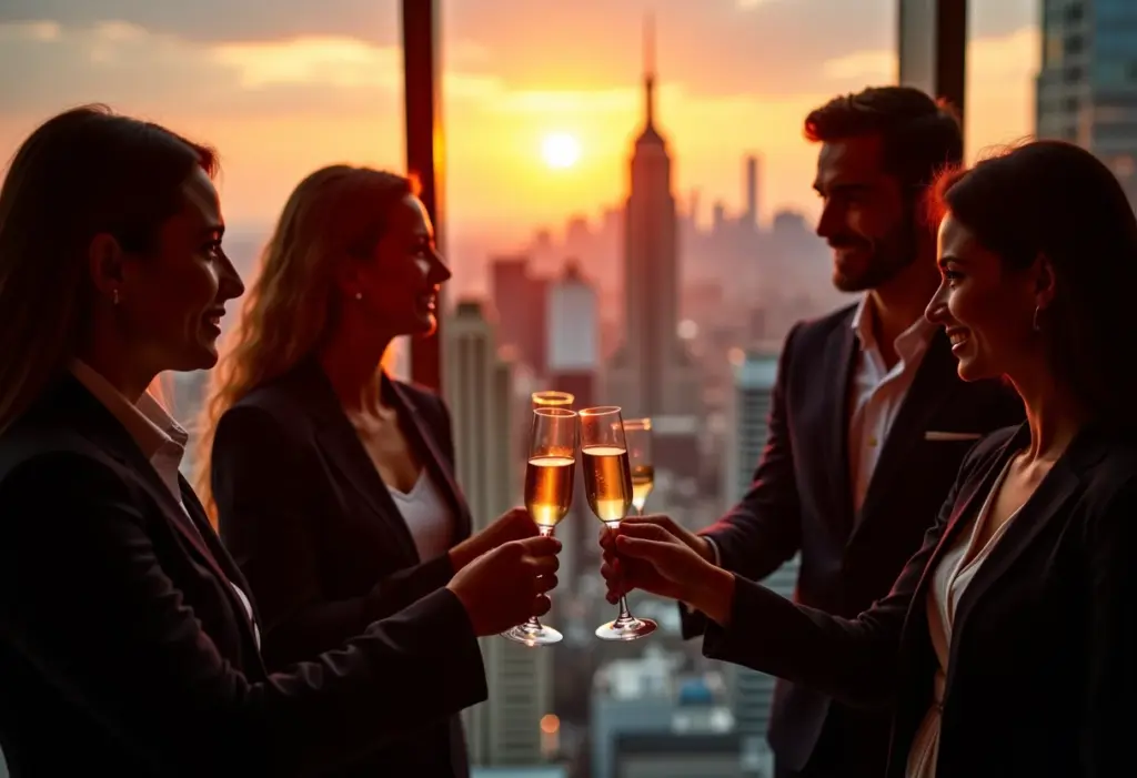 Grupo diverso de profissionais brindando em escritório moderno ao pôr do sol