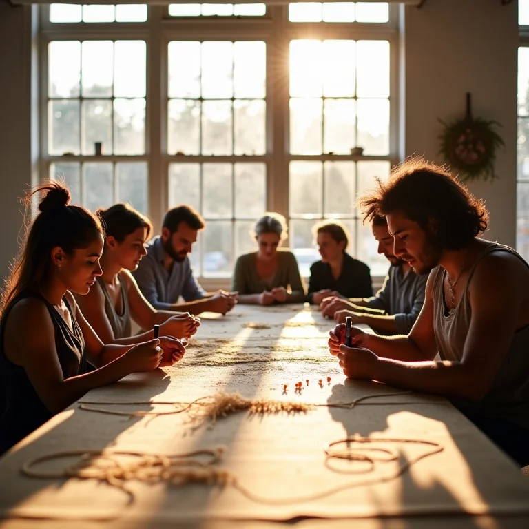 Grupo diverso participando de oficina colaborativa de tecelagem