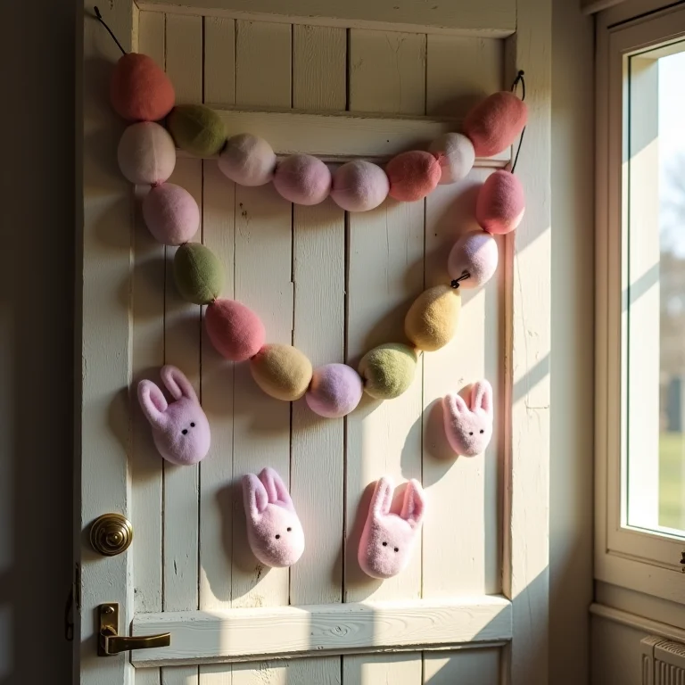 Guirlanda de Páscoa em feltro pendurada em porta de madeira rústica.