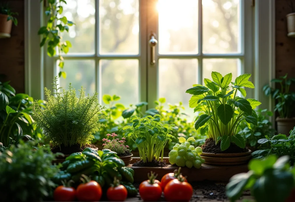 Horta em apartamento: o guia definitivo para colher sem sair de casa Horta exuberante em um apartamento iluminado pelo sol.