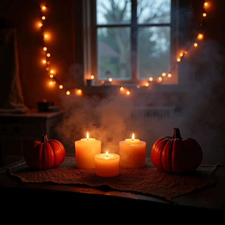 Iluminação de Halloween com luzes, velas e máquina de fumaça