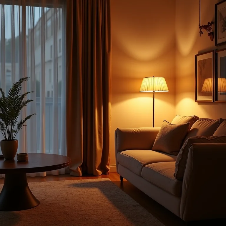 Iluminação estratégica em sala de estar pequena criando ambiente aconchegante